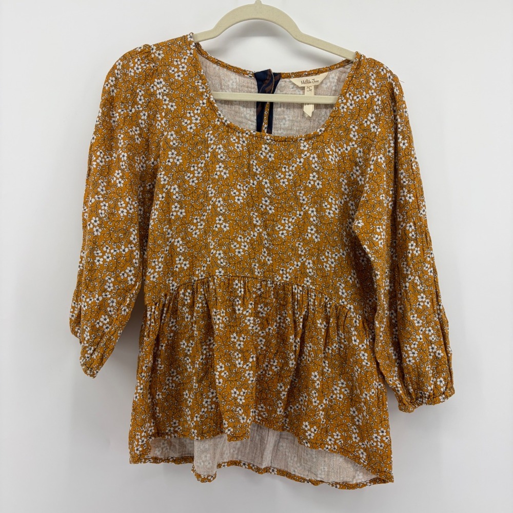Matilda Jane Peplum Blouse Mustard Yellow Womens Small Floral Cotton Gauze Boho
